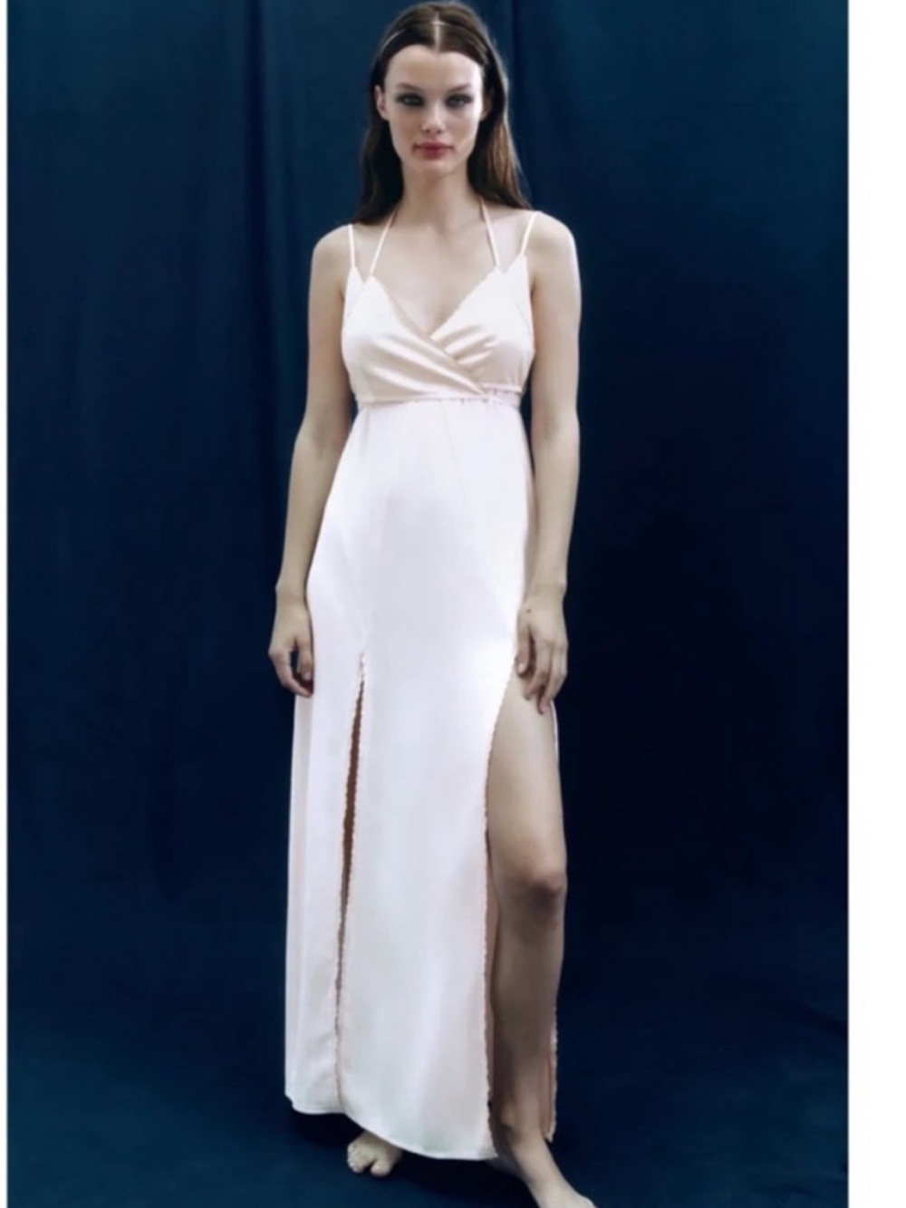 Zara Pale Blush Satin Maxi Slip Dress with High Side Slit